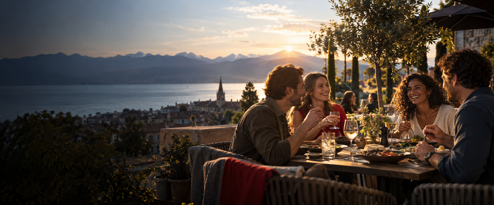 Des amis profitent d'un restaurant avec vue sur le Léman